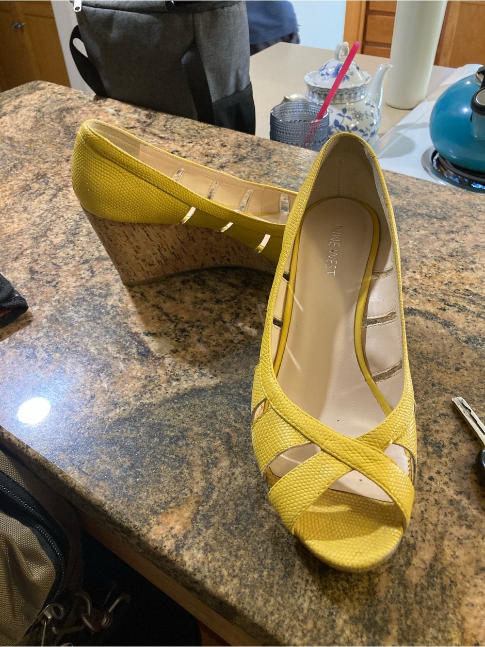 Nine West Yellow Textured Cork Wedge Peep-Toe Heels